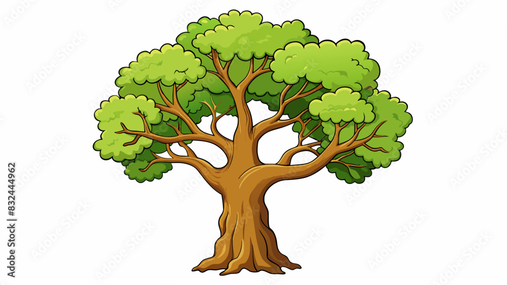 Aufkleber A sy oak tree with thick branches reaching towards the sky and a gnarled trunk that bears the scars of years of weathering.. Cartoon Vector.