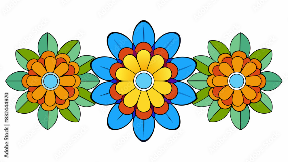 Poster A symmetrical arrangement of colorful flowers appearing multiple times in a mirrored reflection.. Cartoon Vector.