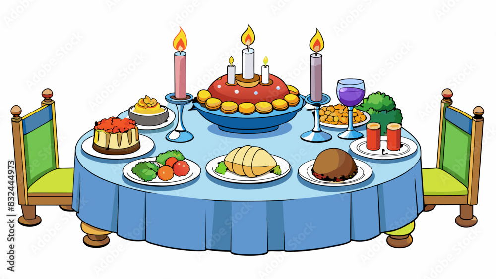 Poster A table is set with a feast fit for a king featuring a juicy roast steaming mashed potatoes and a colorful array of vegetables. The scent of. Cartoon Vector.