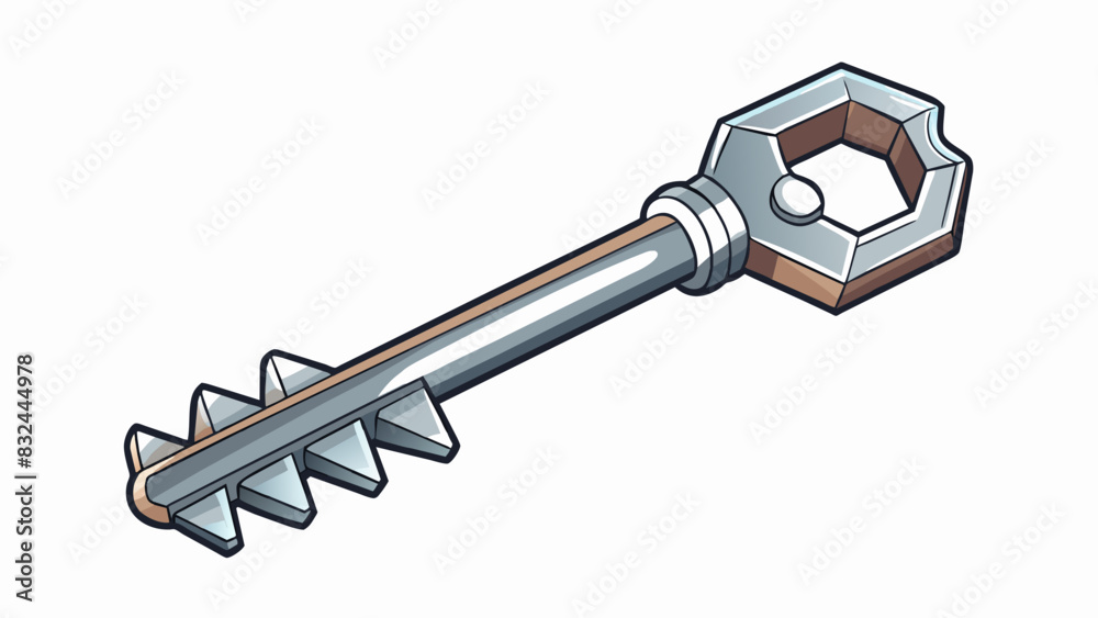Poster a sy metal key with jagged teeth and a shiny silver finish.. cartoon vector.