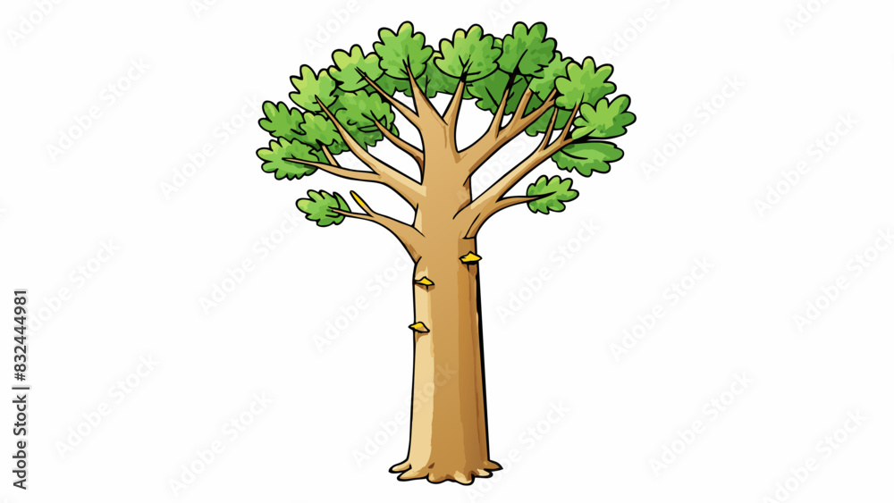Poster A tall and sy tree its rough bark covered in new growth as it reaches towards the sky providing shelter for nesting birds.. Cartoon Vector.