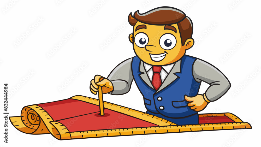 Poster A tailor holds a measuring tape against a piece of fabric calculating and marking where to make a for a perfect fit. With steady hands they along the. Cartoon Vector.