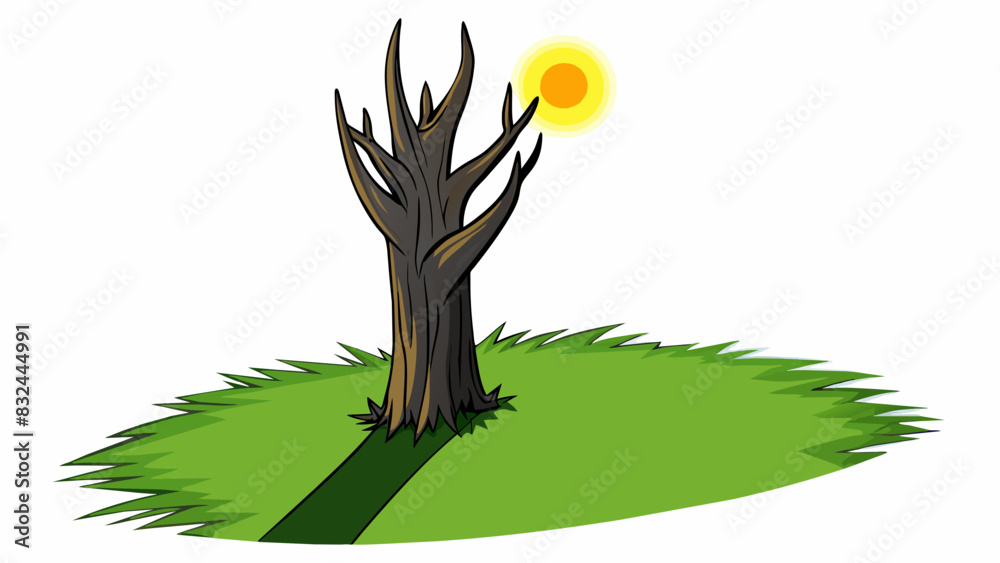 Poster A tall dark shadow of a tree stretched across the grass casting long pointed fingers towards the setting sun.. Cartoon Vector.