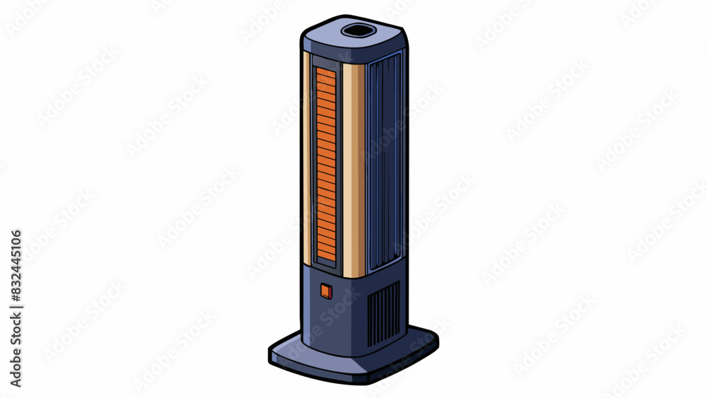 Poster a tall towershaped heater with a sleek black exterior and a digital display screen. it has a remote 