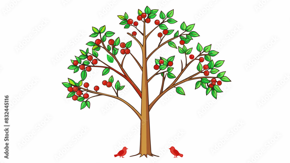 Poster a tall slender tree with dark green leaves swaying gently in the breeze. the branches are adorned wi