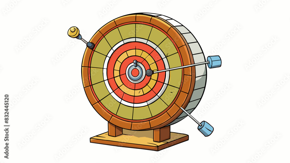 Fototapete A target is a circular dartboard made of cork and divided into numbered sections. It also has a wire frame in the shape of a wheel surrounding it.. Cartoon Vector.