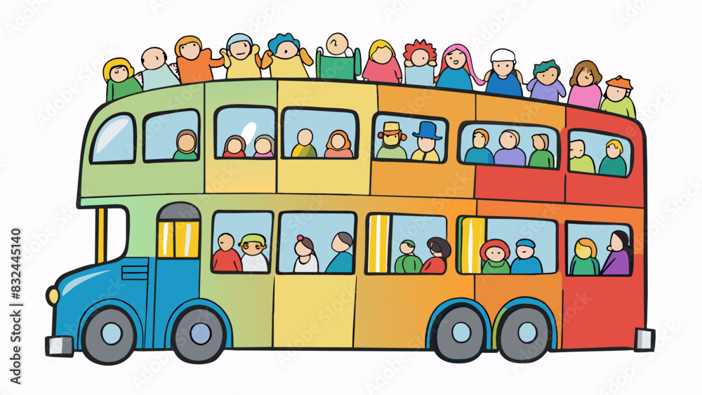 Poster a tall colorful doubledecker bus slowly made its way through the crowded city streets its multiple w