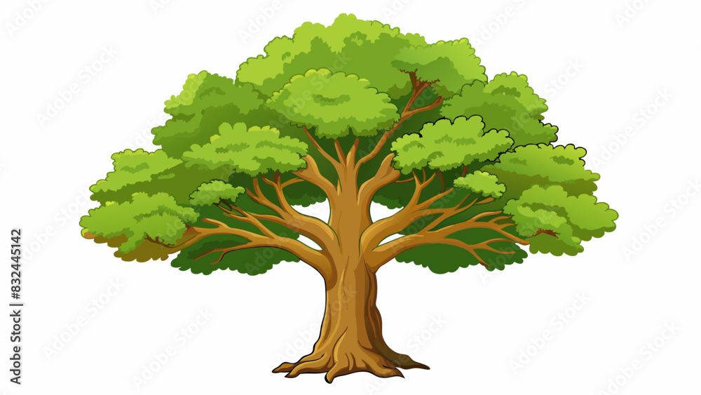Poster a tall regal oak tree standing in a lush green field its wide trunk covered in thick knotted bark an