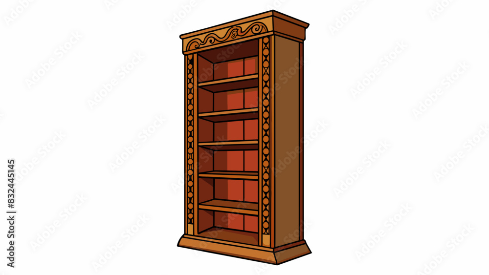 Poster a tall wide bookshelf made of darkbrown mahogany wood. the bookshelf has intricate carvings along th