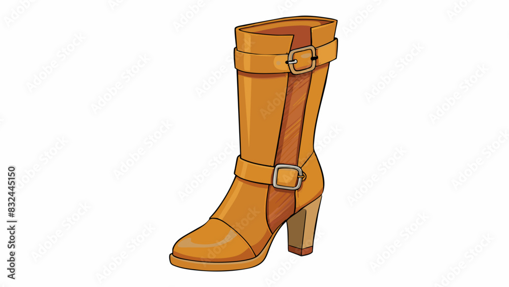Poster A tan leather boot with a tall stacked heel and buckle details on the ankle. The boot has a pointed toe and a zipper on the side for easy wear.. Cartoon Vector.