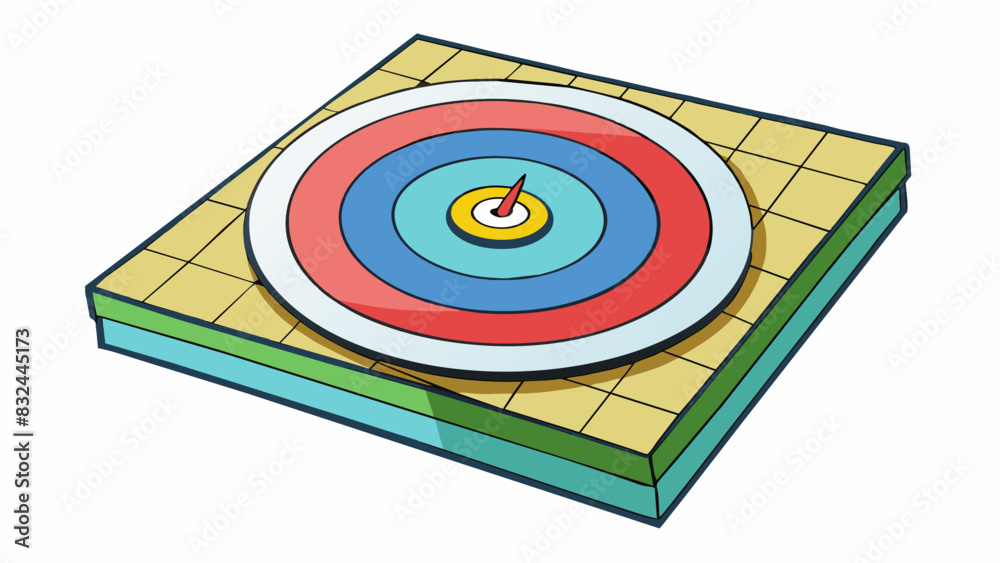 Poster A target is a square sheet of paper with a black dot in the center. Around the dot are several rings each with a different color representing. Cartoon Vector.