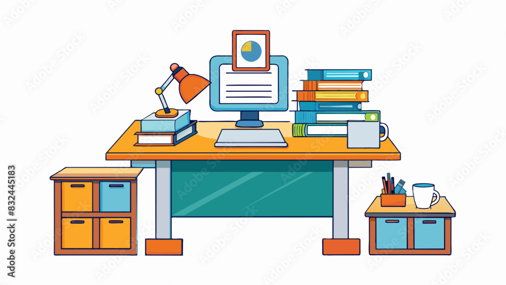 Poster A teachers desk covered in stacks of papers a computer and a phone. This is a common image of administration in an educational setting where teachers. Cartoon Vector.