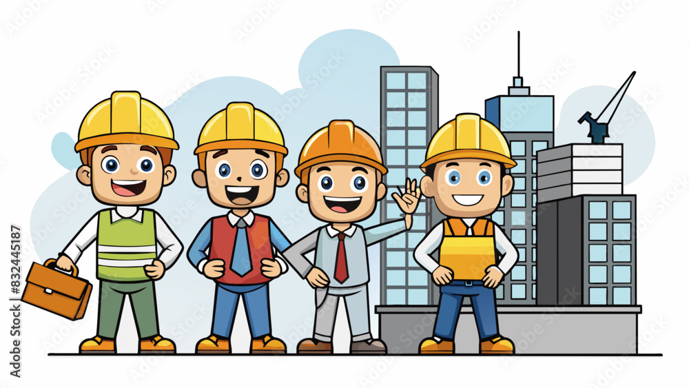 Poster a team of construction workers stands atop a skyscr under construction each one equipped with a hard
