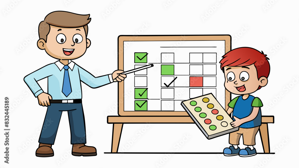 Poster A teacher grades a students math test using a rubric. The rubric is a chart with categories and levels to assess the students understanding of. Cartoon Vector.