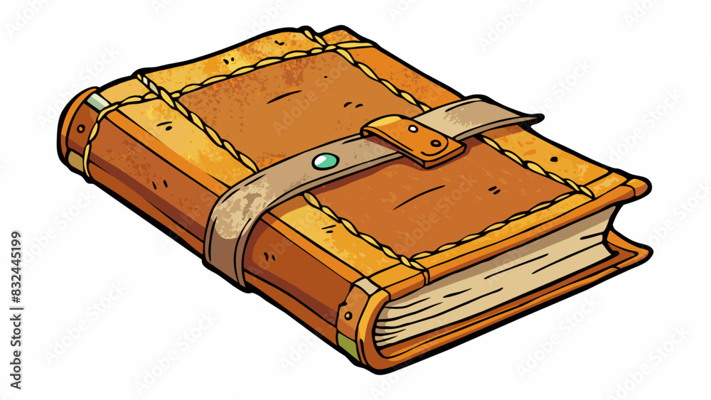 Poster A tattered leatherbound journal filled with handwritten notes and musings its pages stained with ink and crinkled with age.. Cartoon Vector.
