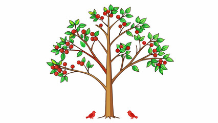 Fototapeta premium A tall slender tree with dark green leaves swaying gently in the breeze. The branches are adorned with shiny red berries and a family of birds can be. Cartoon Vector.
