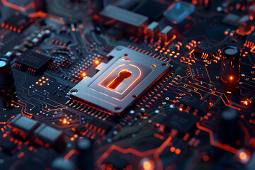 Obraz premium A lock on a computer board symbolizes a cyber security concept, highlighting digital protection and data safety.