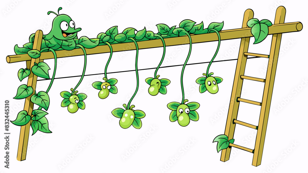 Poster A thick green vine climbing up a trellis supported by sy strings. Dotted along its length are s of small leafy cones that will eventually swell with. Cartoon Vector.