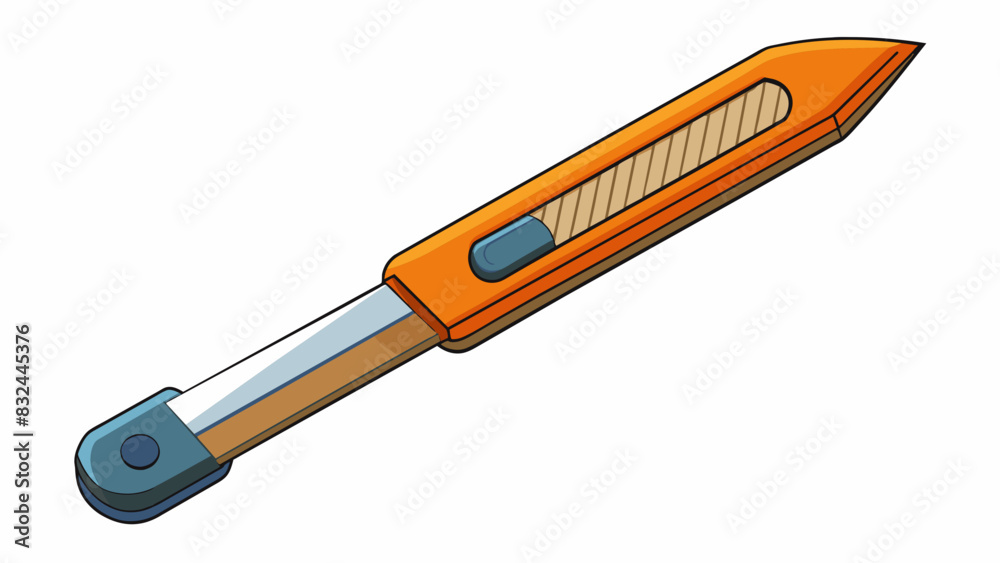 Poster A thin sharp tool with a metal blade and plastic handle. It is used for ting paper fabric or other materials with precision.. Cartoon Vector.