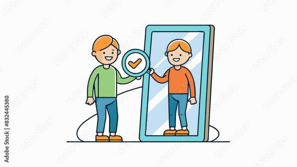 Poster A third illustration depicts a person standing in front of a reflection in a mirror. The reflection shows the same person but with an improved. Cartoon Vector.