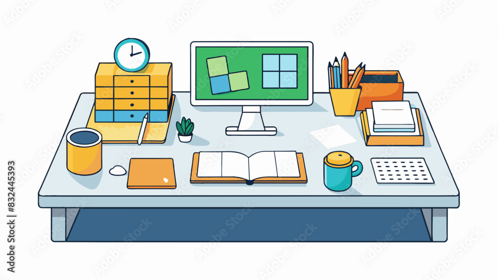 Poster A tidy work desk The desk is clear of clutter with only the essential tools and materials within reach. The surface is organized and uncluttered. Cartoon Vector.