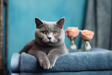 Portrait of a smiling russian blue cat over soothing spa interior