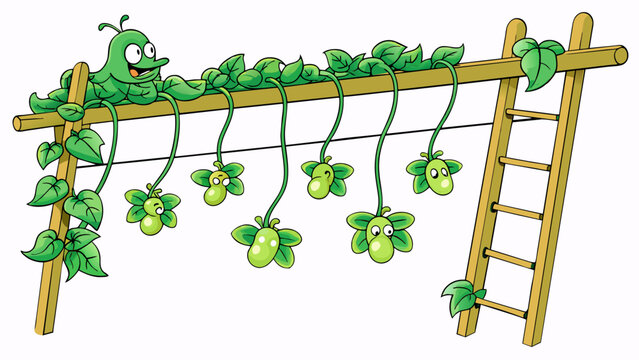 A thick green vine climbing up a trellis supported by sy strings. Dotted along its length are s of small leafy cones that will eventually swell with. Cartoon Vector.