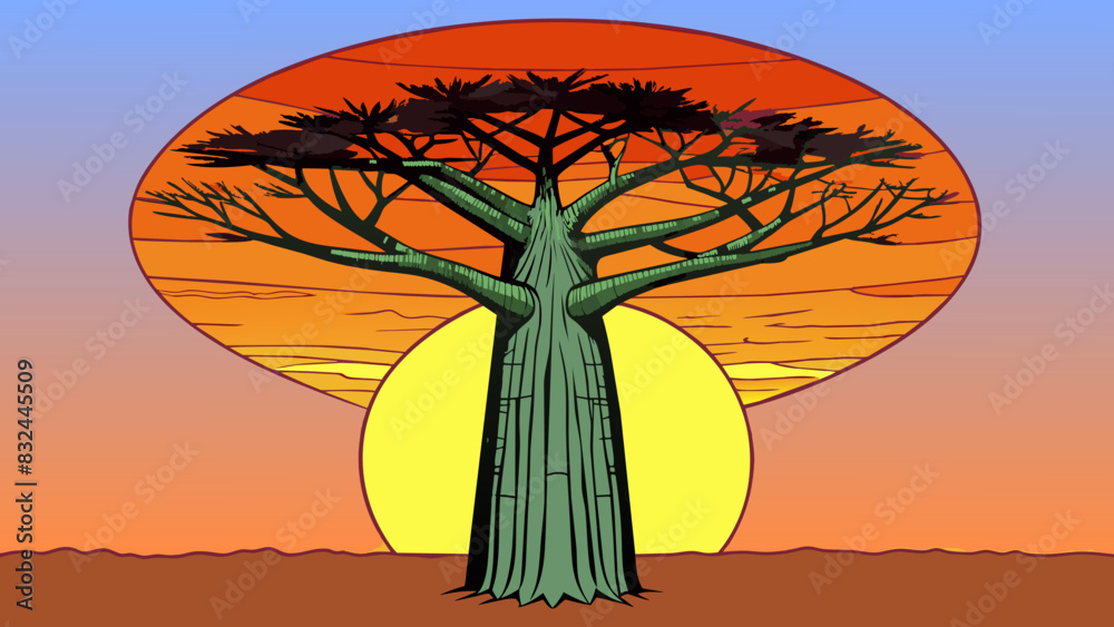 Sticker a towering baobab tree standing tall against a bright orange sunset in the african savannah. the tre