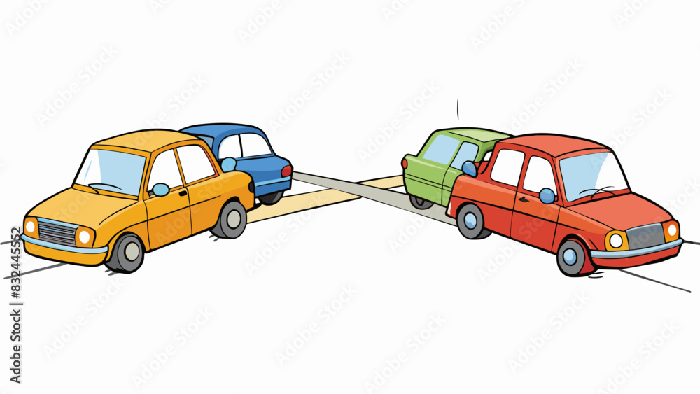 Aufkleber A traffic jam caused by two cars trying to merge into the same lane honking their horns and refusing to let each other pass.. Cartoon Vector.