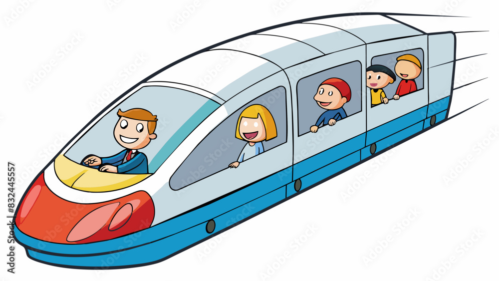 Poster A train speeds through a tunnel its wheels clacking on the tracks. Inside passengers sit in plush seats watching the world blur by through the window.. Cartoon Vector.