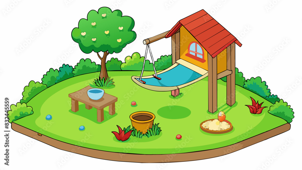 Poster a tranquil backyard with a lush green lawn and a small garden. a hammock sways gently in the breeze 