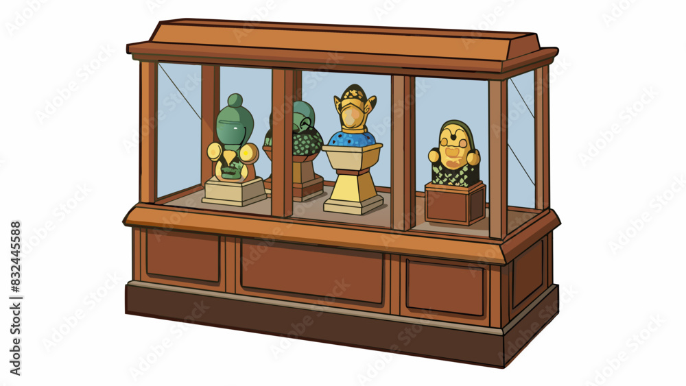 Poster a traditional wooden display case filled with various handcrafted figurines. each figurine is positi