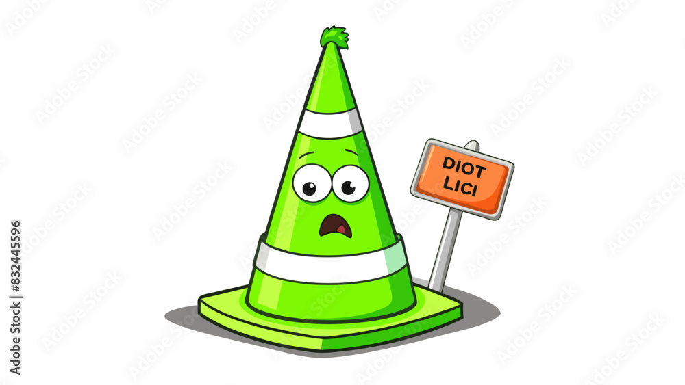 Poster a traffic cone painted bright green with a sign reading idiot hat taped to the top. despite its unco