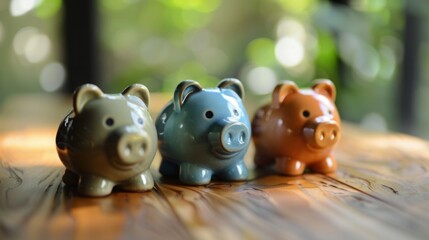 Three small pig figurines are positioned sitting upright on top of a wooden table.