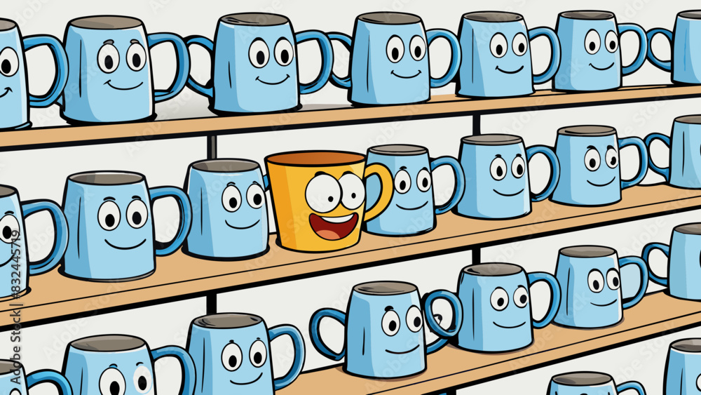 Poster A unique handpainted mug standing out on a shelf full of massproduced identical cups.. Cartoon Vector.