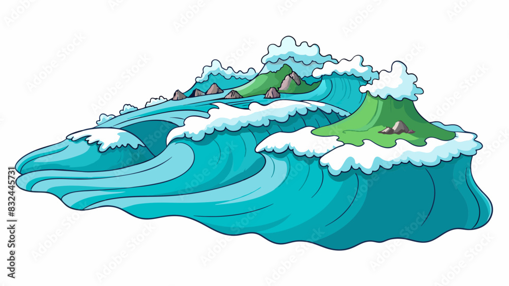 Poster A vast ocean stretching out endlessly with waves crashing against the shore in a mesmerizing rhythm.. Cartoon Vector.
