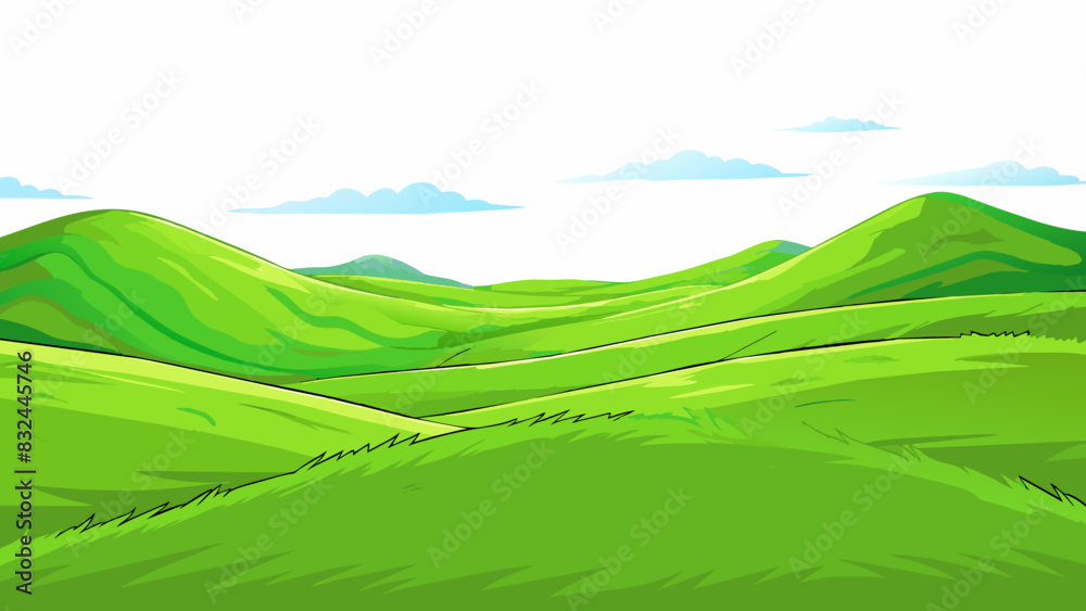 Poster A vast open field of rolling hills stretching as far as the eye can see with vibrant green grass swaying in the gentle breeze.. Cartoon Vector.