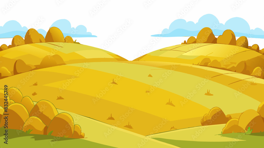 Poster A vast open lot with nothing but gentle rolling hills covered in golden grass creating a breathtaking landscape.. Cartoon Vector.