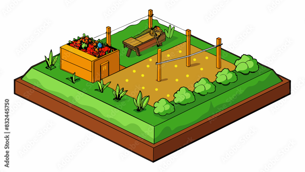 Poster A vegetable patch takes up a corner of the yard with rows of raised garden beds filled with an array of growing vegetables. The rest of the yard is. Cartoon Vector.