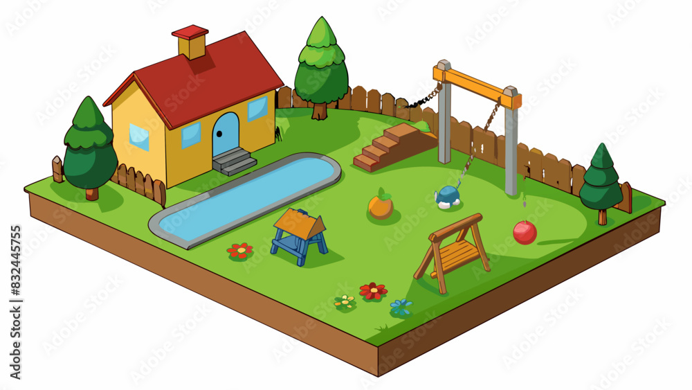 Aufkleber a typical backyard with grass a wooden fence and a swing set. a small garden with a variety of flowe