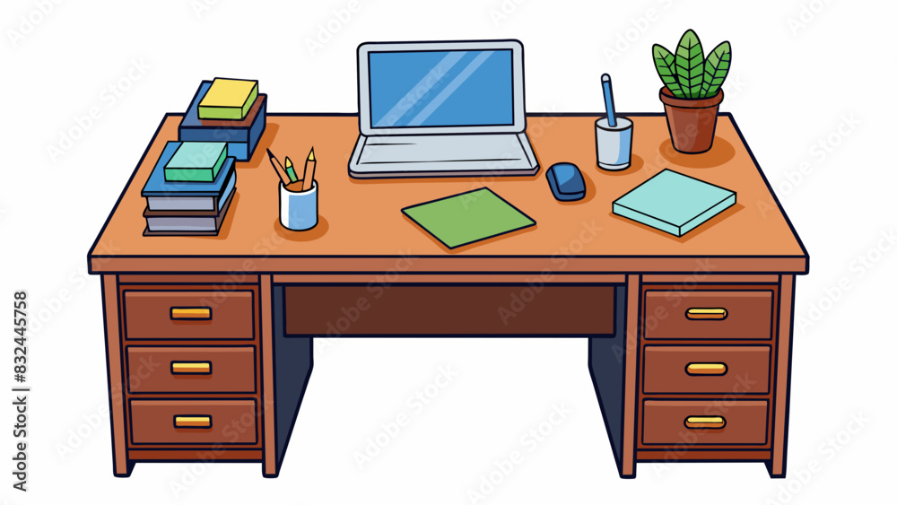 Poster a typical office desk the desk is made of dark wood and has several drawers for storage. on top ther