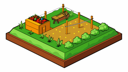 A vegetable patch takes up a corner of the yard with rows of raised garden beds filled with an array of growing vegetables. The rest of the yard is. Cartoon Vector.