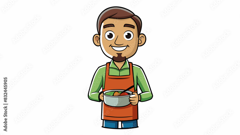 Poster A volunteer at a local soup kitchen wearing a matching apron and serving food with a genuine smile embodying a sense of altruism and purpose.. Cartoon Vector.