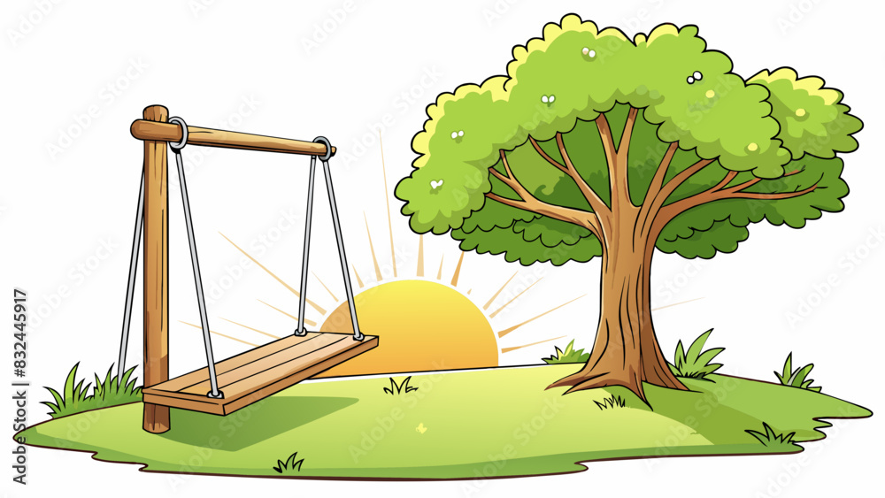 Poster a vintage wooden swing hanging from a sy oak tree its ropes gently swaying in the breeze as it overl