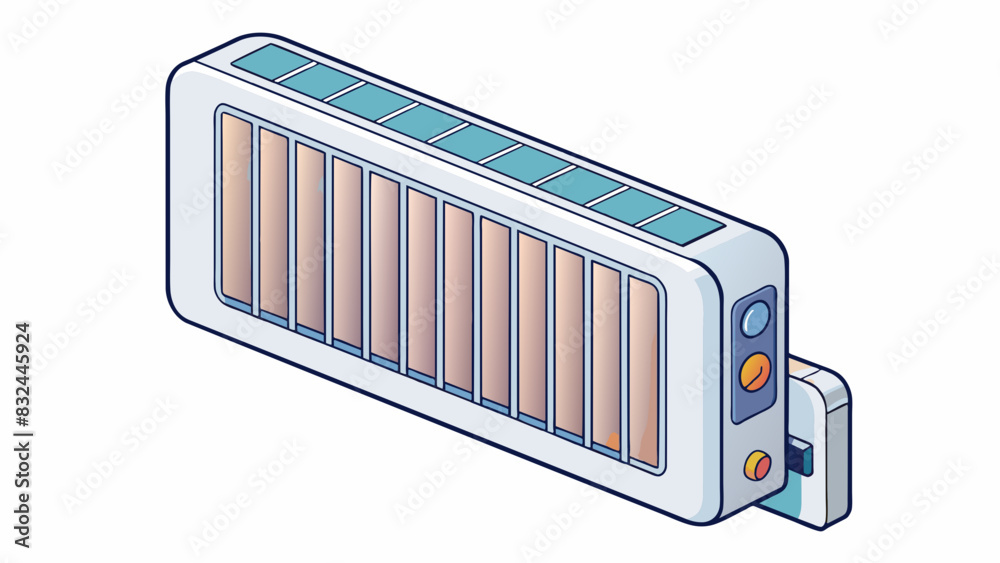 Poster A wallmounted panel heater with a slim white design. It uses convection heating technology and can be controlled through a smartphone app.. Cartoon Vector.