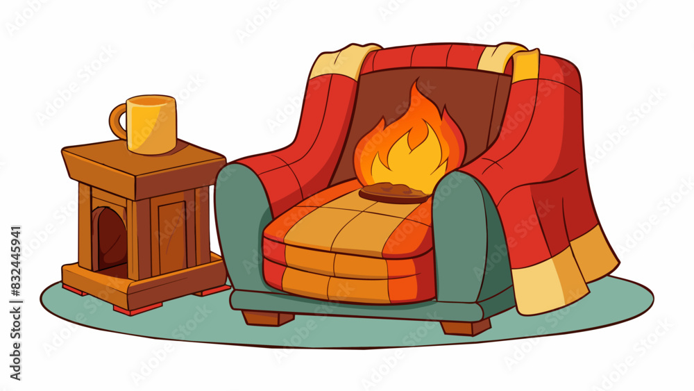 Poster a warm cozy fireplace with a crackling fire surrounded by comfortable seating and inviting blankets.