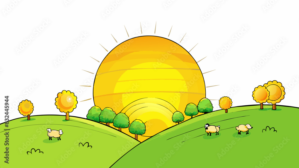Poster a warm golden sun hung low in the sky casting a soft glow over the rolling green hills dotted with g