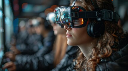 photograph of A group of aerospace engineers collaborates to design a new spacecraft. Using a virtual reality headset to simulate flight conditions. There is fair light at the picture angle.