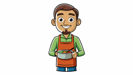 Obraz premium A volunteer at a local soup kitchen wearing a matching apron and serving food with a genuine smile embodying a sense of altruism and purpose.. Cartoon Vector.