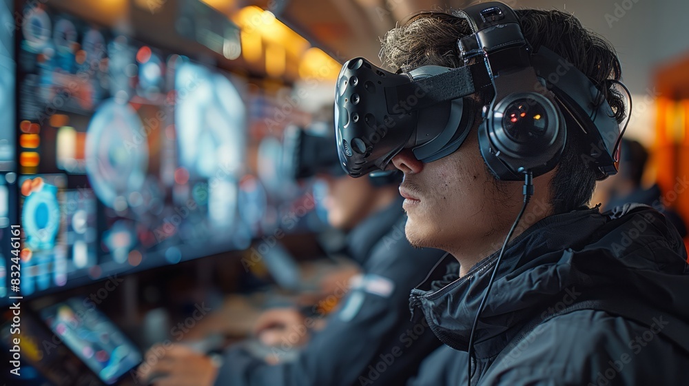 Wall mural photograph of A group of aerospace engineers collaborates to design a new spacecraft. Using a virtual reality headset to simulate flight conditions. There is fair light at the picture angle.